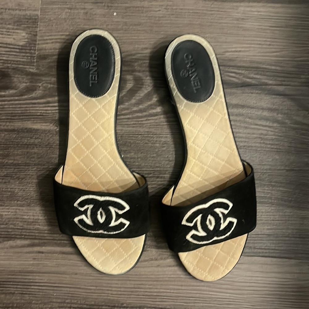 Rare CHANEL Interlocking CC Black Leather Open Toe Slides / Mules / 38 - Picture 9 of 9